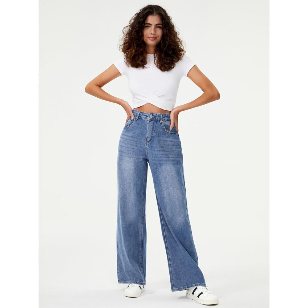 Women Wide Leg High Waisted Baggy Denim Jeans Loose Boyfriend Casual - Picture 5 of 6